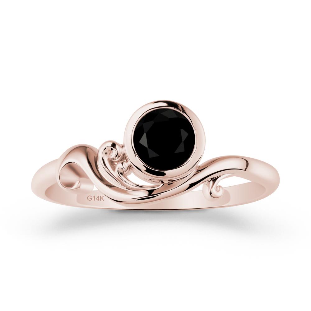 Bezel Setting Round Black Spinel Wave Ring - LUO Jewelry #metal_14k rose gold