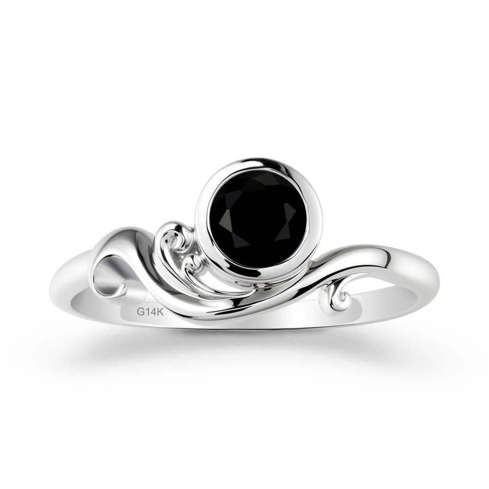 Bezel Setting Round Black Spinel Wave Ring - LUO Jewelry #metal_14k white gold