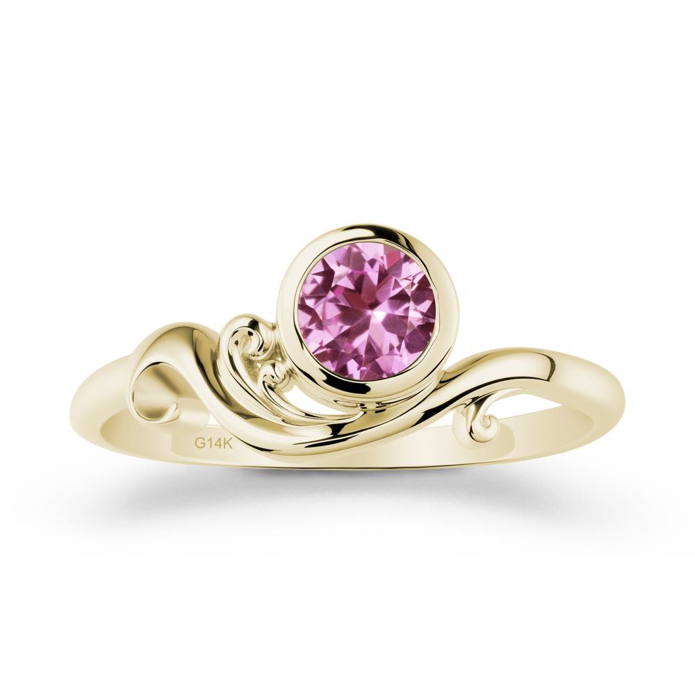 Bezel Setting Round Pink Sapphire Wave Ring - LUO Jewelry #metal_14k yellow gold