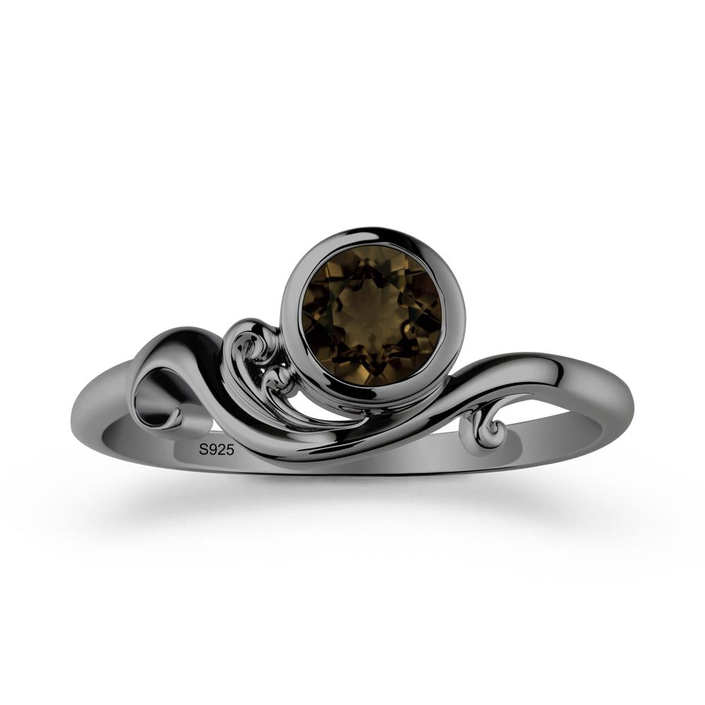 Bezel Setting Round Smoky Quartz Wave Ring - LUO Jewelry #metal_black finish sterling silver