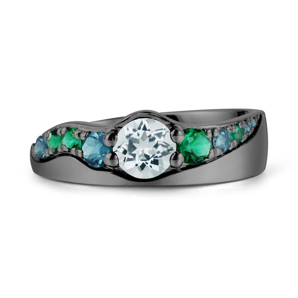 Round Aquamarine Ring with Wave Band - LUO Jewelry #metal_black finish sterling silver