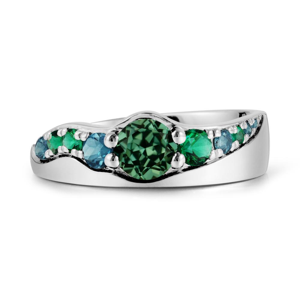 Round Green Sapphire Ring with Wave Band - LUO Jewelry #metal_18k white gold