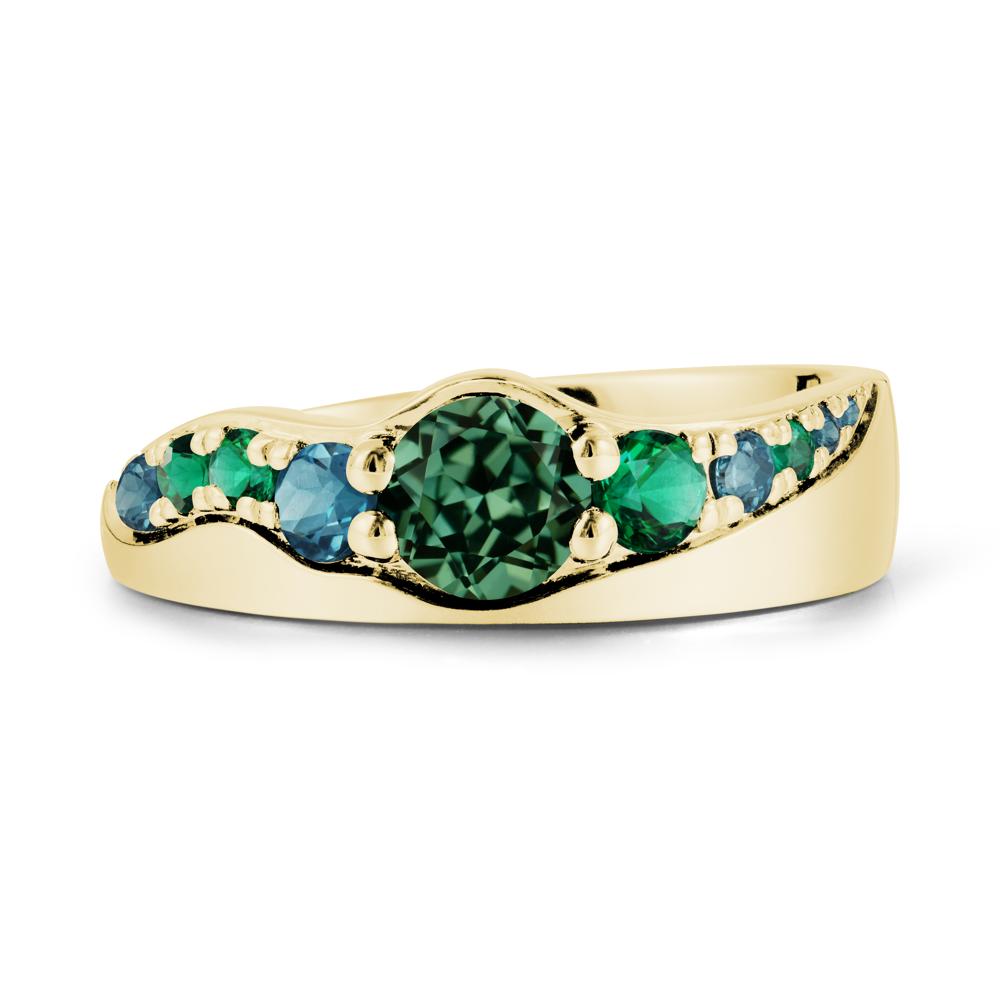 Round Green Sapphire Ring with Wave Band - LUO Jewelry #metal_18k yellow gold