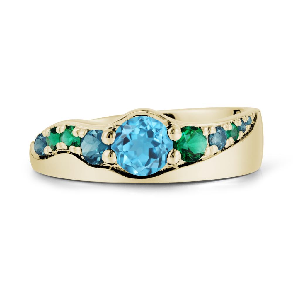 Round Swiss Blue Topaz Ring with Wave Band - LUO Jewelry #metal_14k yellow gold