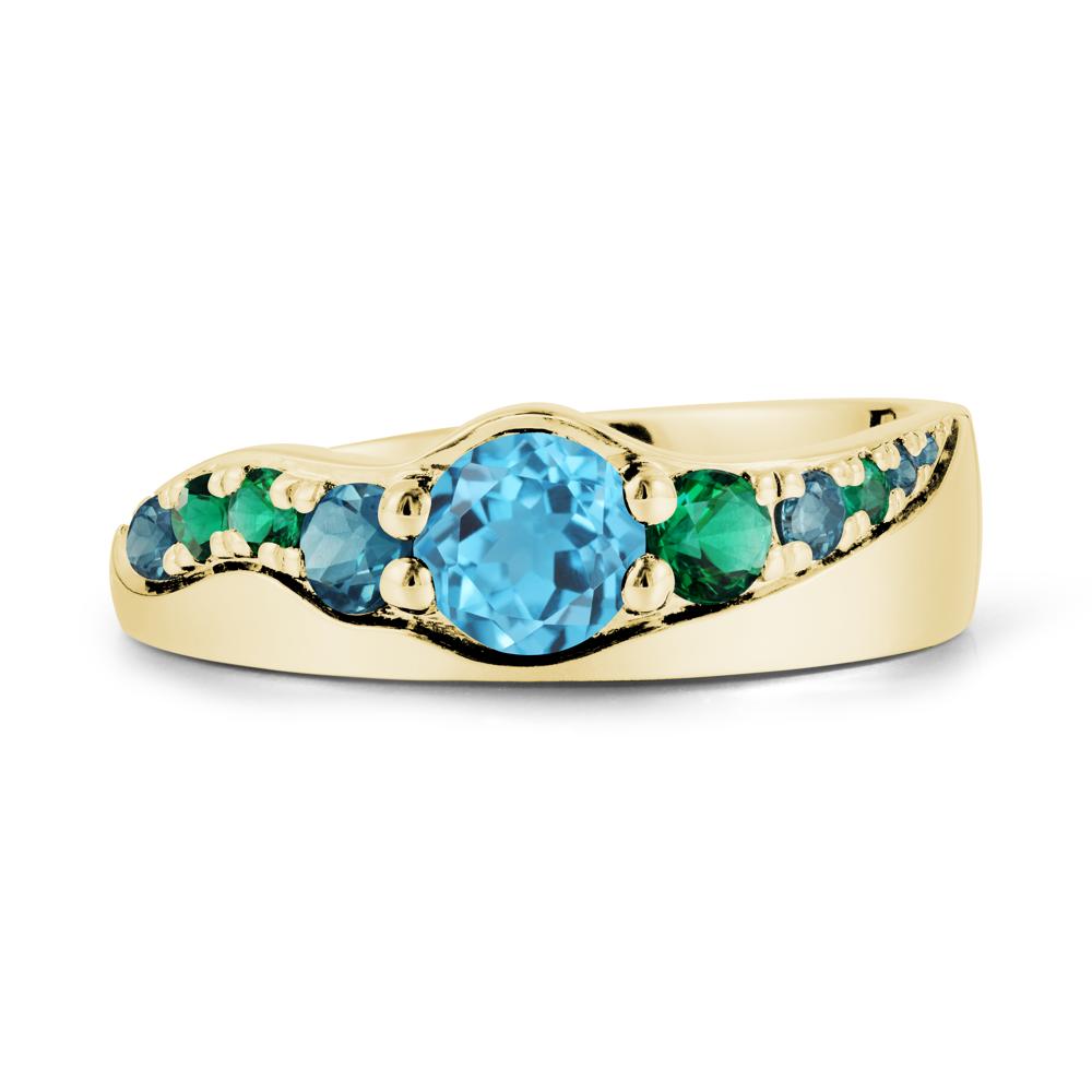 Round Swiss Blue Topaz Ring with Wave Band - LUO Jewelry #metal_18k yellow gold