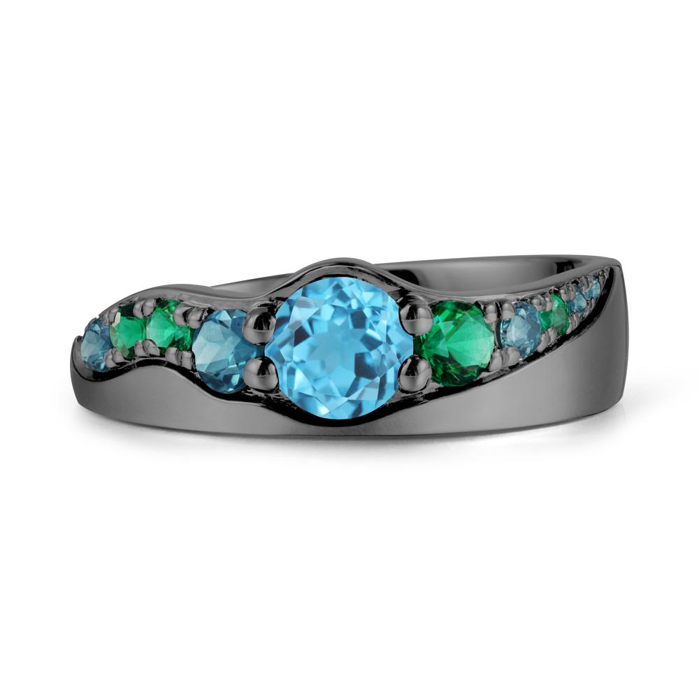 Round Swiss Blue Topaz Ring with Wave Band - LUO Jewelry #metal_black finish sterling silver