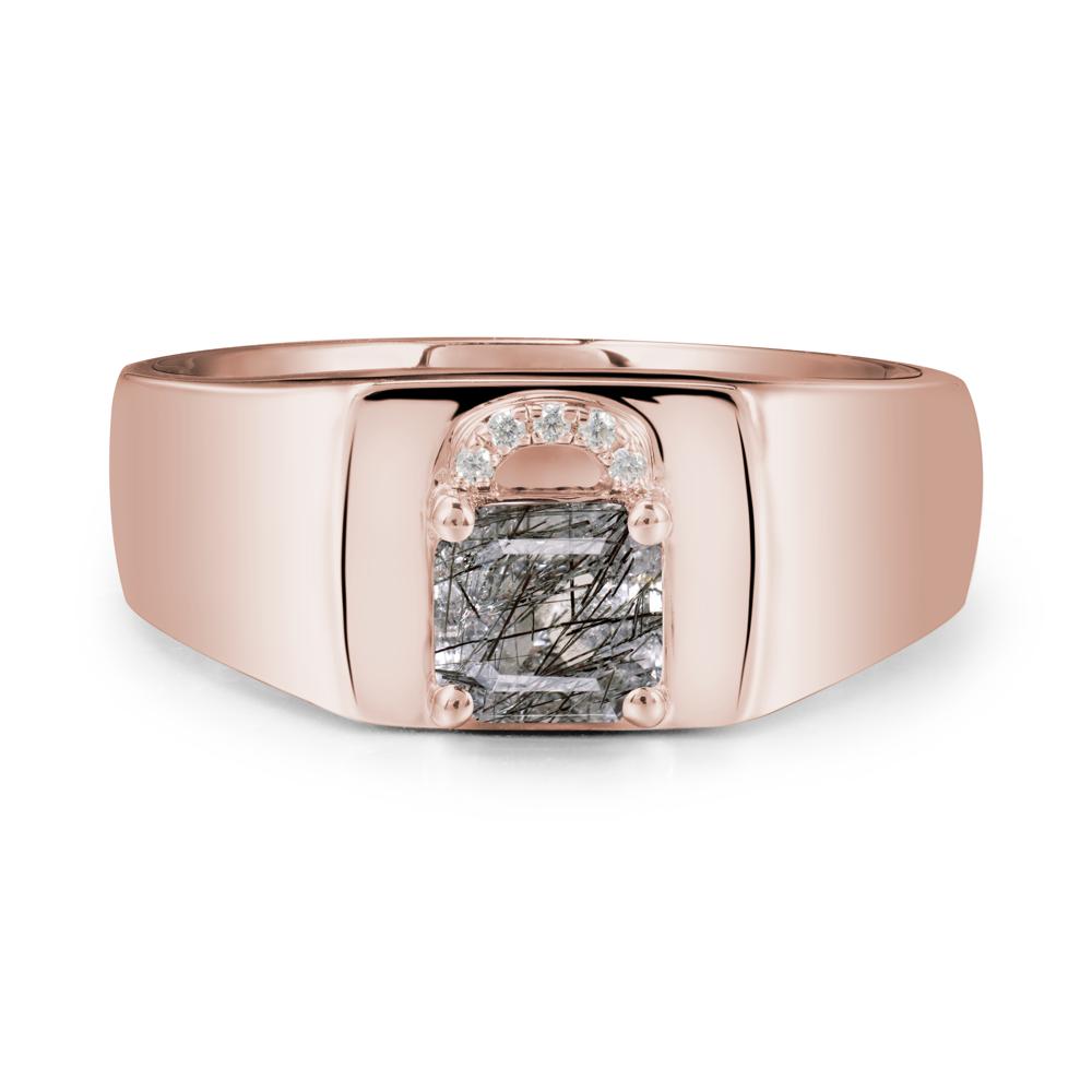 Men Black Rutilated Quartz Ring with Lock Design - LUO Jewelry #metal_14k rose gold
