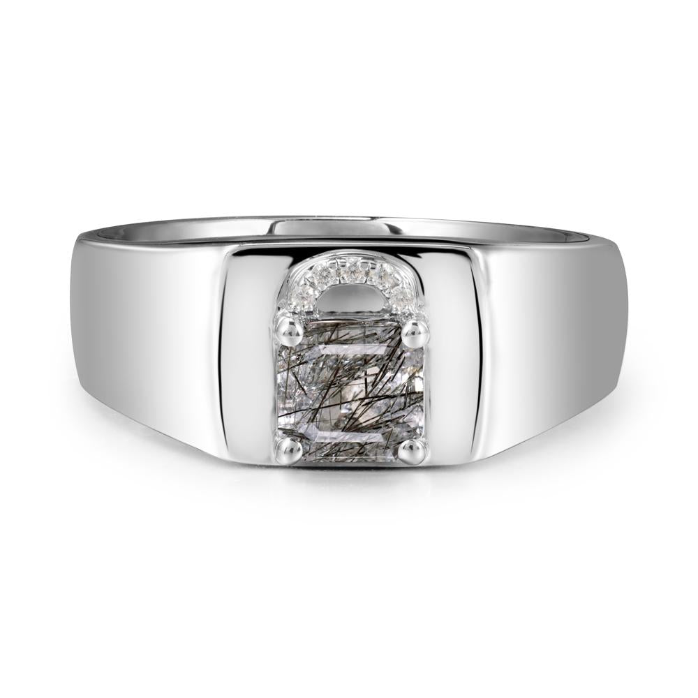 Men Black Rutilated Quartz Ring with Lock Design - LUO Jewelry #metal_14k white gold
