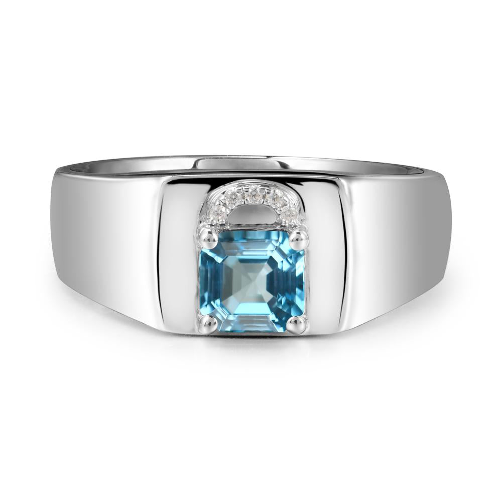 Men Swiss Blue Topaz Ring with Lock Design - LUO Jewelry #metal_14k white gold