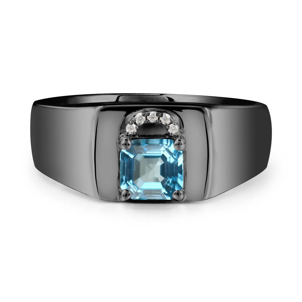 Men Swiss Blue Topaz Ring with Lock Design - LUO Jewelry #metal_black finish sterling silver