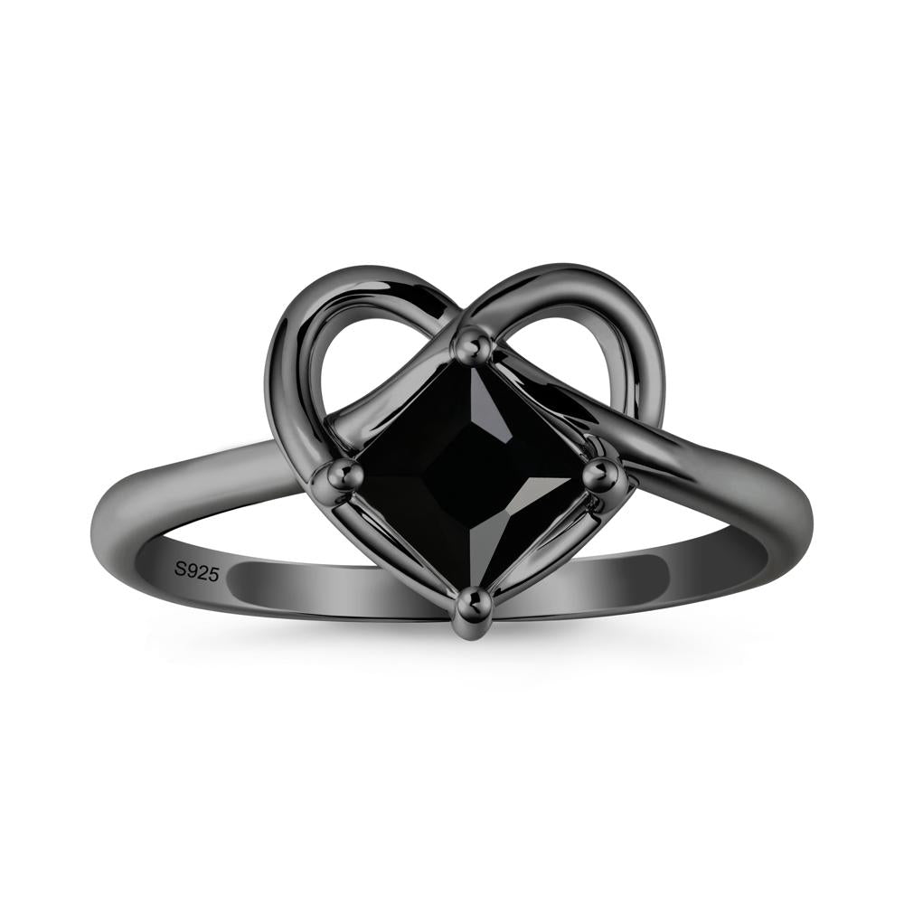 Delicate Square Black Spinel Ring with Heart Loop - LUO Jewelry #metal_black finish sterling silver