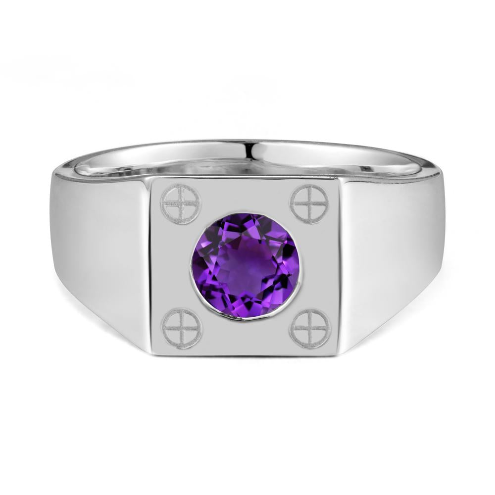 Bezel Setting Round Amethyst Ring for Men - LUO Jewelry #metal_18k white gold
