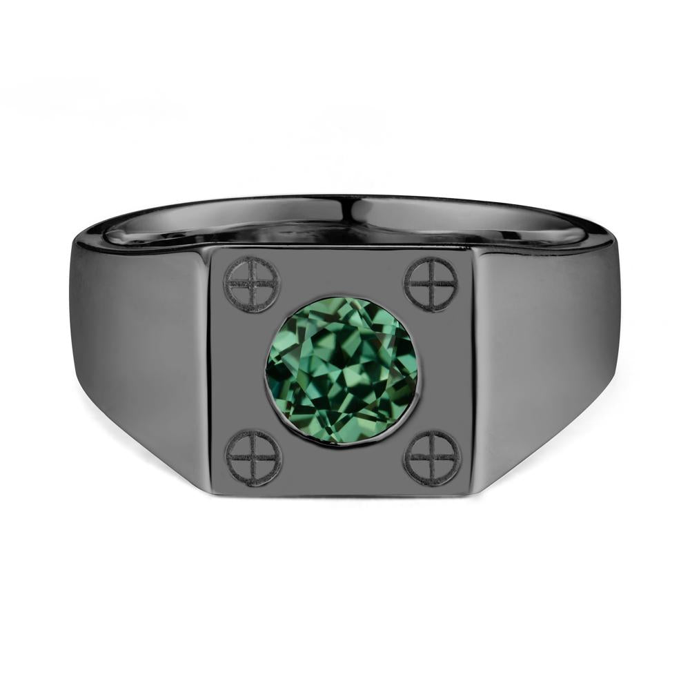 Bezel Setting Round Green Sapphire Ring for Men - LUO Jewelry #metal_black finish sterling silver