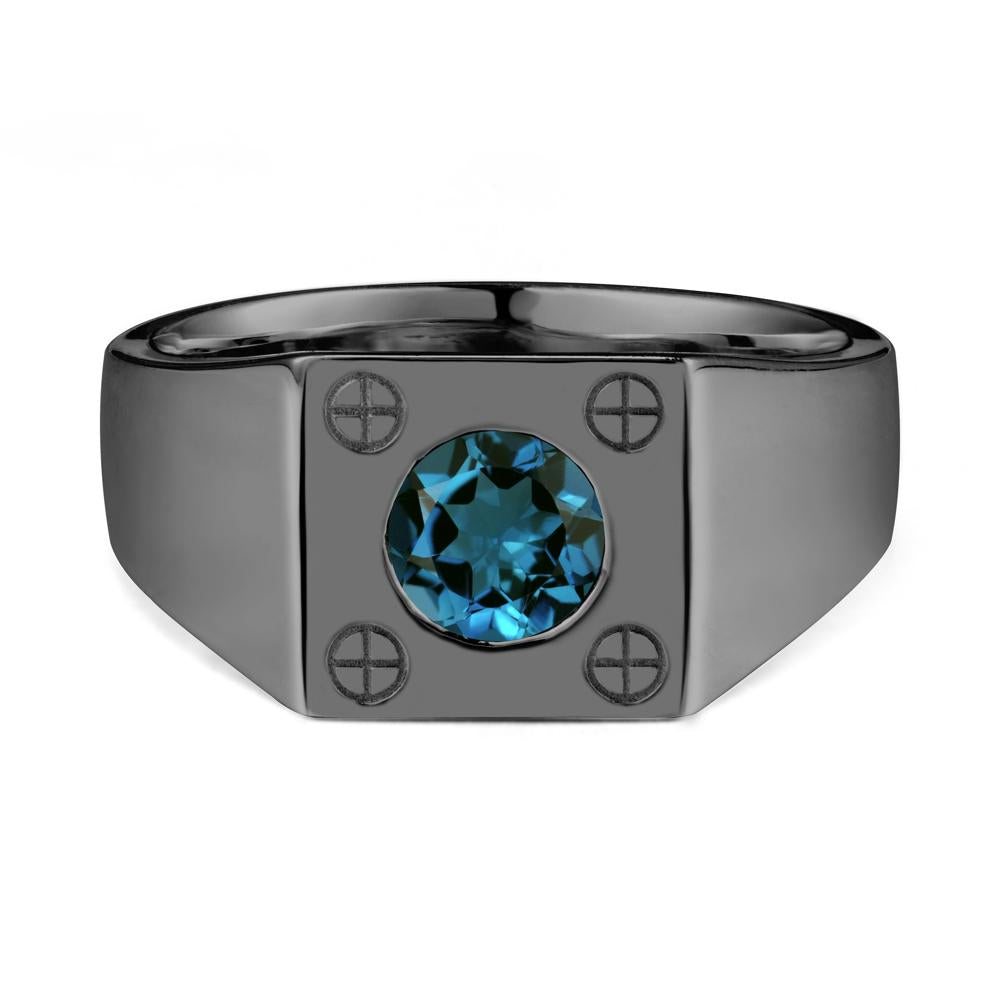 Bezel Setting Round London Blue Topaz Ring for Men - LUO Jewelry #metal_black finish sterling silver