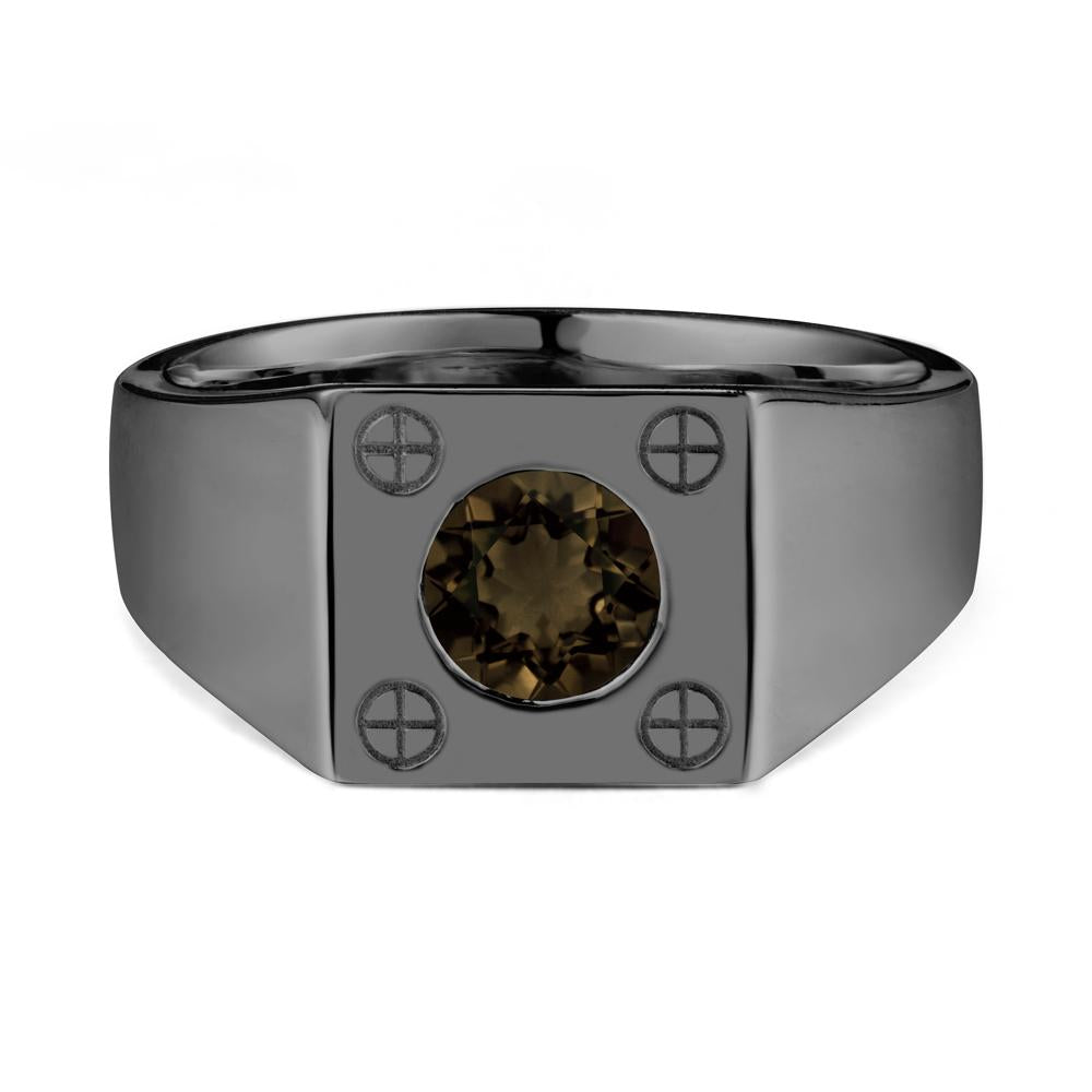 Bezel Setting Round Smoky Quartz Ring for Men - LUO Jewelry #metal_black finish sterling silver