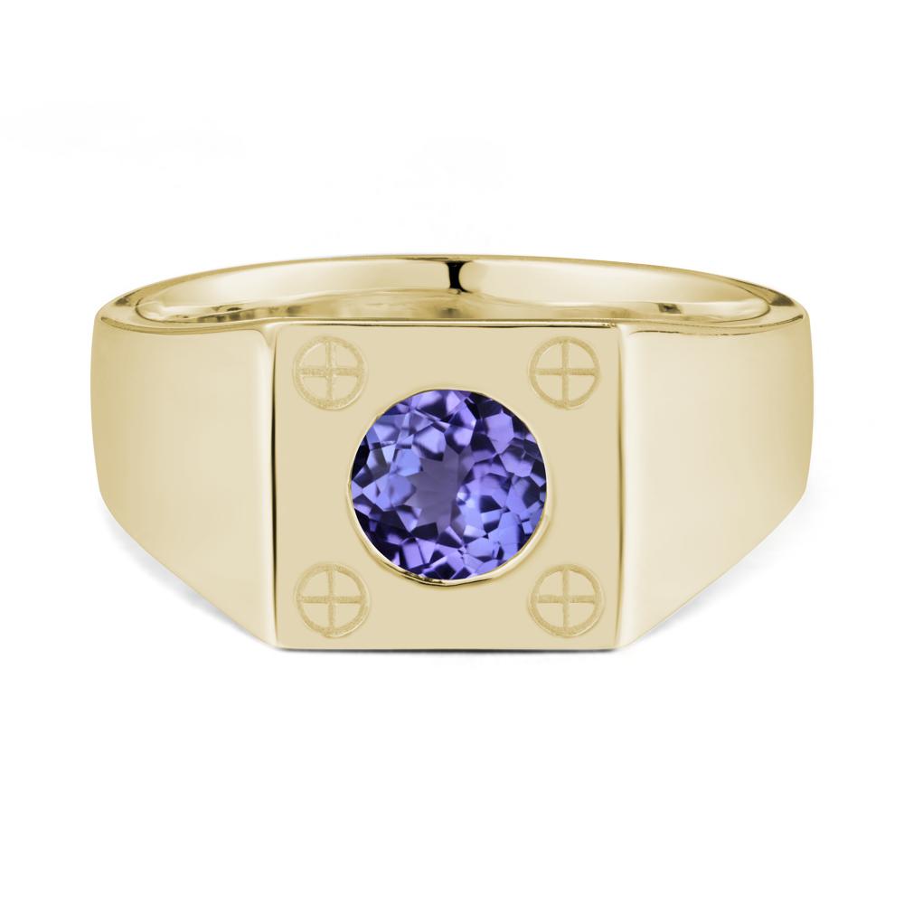 Bezel Setting Round Tanzanite Ring for Men - LUO Jewelry #metal_14k yellow gold