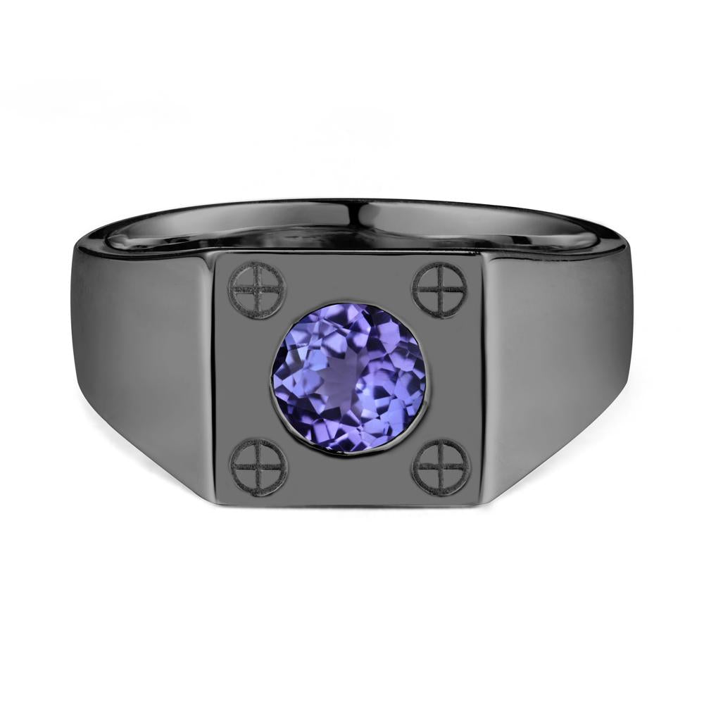 Bezel Setting Round Tanzanite Ring for Men - LUO Jewelry #metal_black finish sterling silver