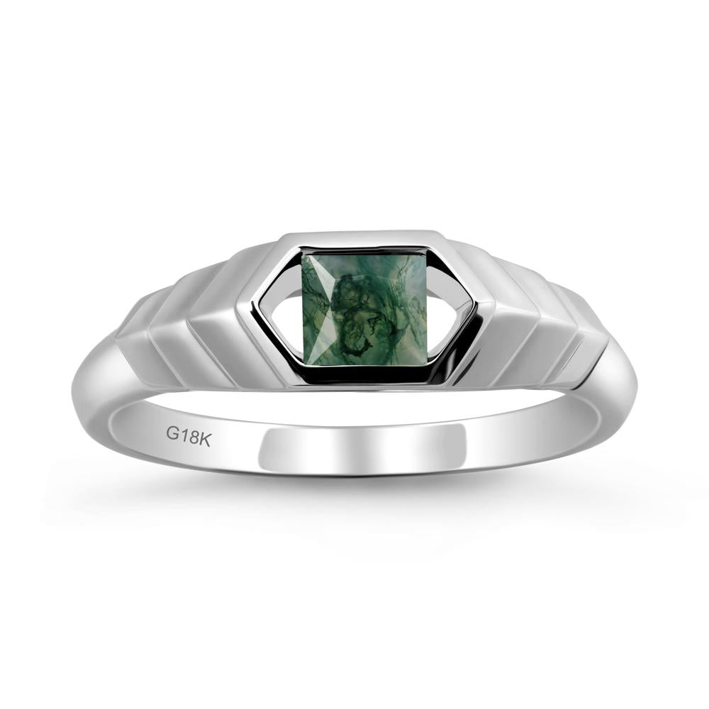 Asscher Moss Agate Ring with Hexagon Frame - LUO Jewelry #metal_18k white gold
