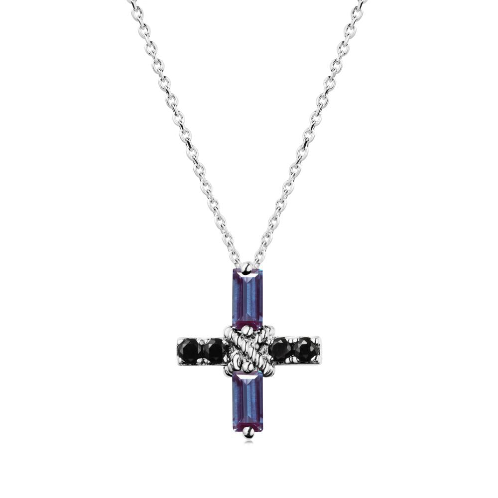 Baguette Alexandrite and Black Spinel Green Cross Necklace - LUO Jewelry #metal_14k white gold