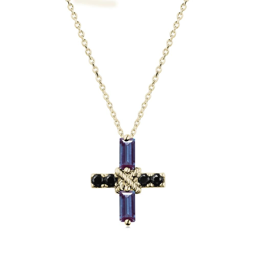 Baguette Alexandrite and Black Spinel Green Cross Necklace - LUO Jewelry #metal_14k yellow gold