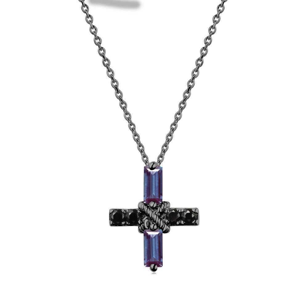 Baguette Alexandrite and Black Spinel Green Cross Necklace - LUO Jewelry #metal_black finish sterling silver