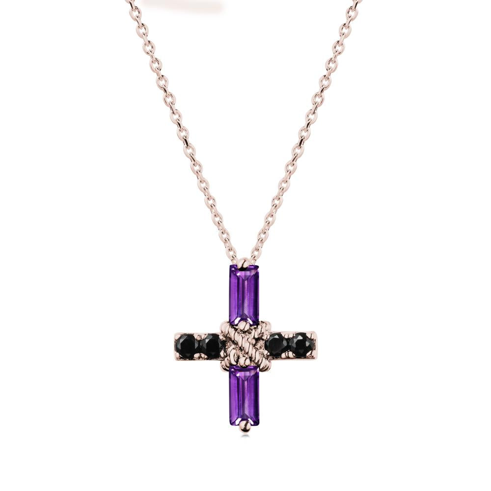 Baguette Amethyst and Black Spinel Green Cross Necklace - LUO Jewelry #metal_14k rose gold