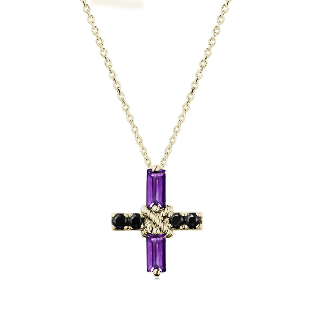 Baguette Amethyst and Black Spinel Green Cross Necklace - LUO Jewelry #metal_14k yellow gold