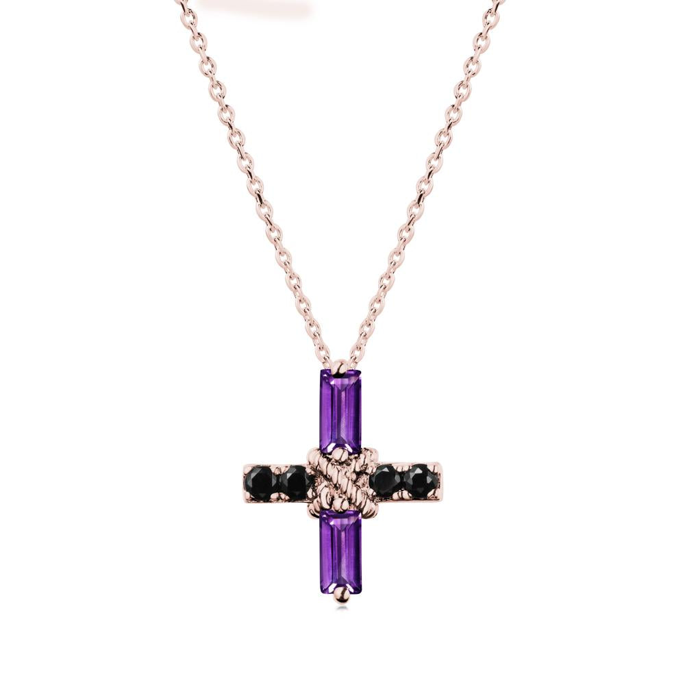 Baguette Amethyst and Black Spinel Green Cross Necklace - LUO Jewelry #metal_18k rose gold
