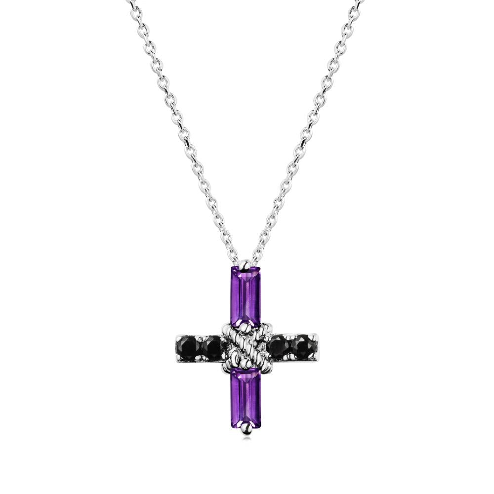 Baguette Amethyst and Black Spinel Green Cross Necklace - LUO Jewelry #metal_18k white gold