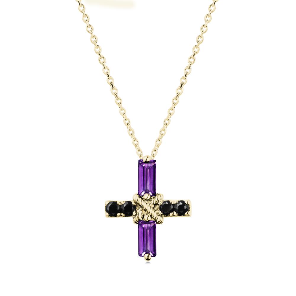 Baguette Amethyst and Black Spinel Green Cross Necklace - LUO Jewelry #metal_18k yellow gold