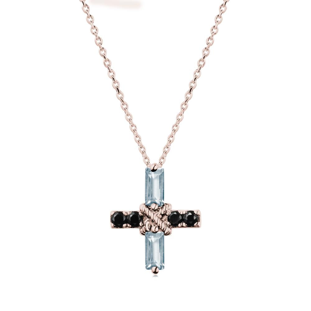 Baguette Aquamarine and Black Spinel Green Cross Necklace - LUO Jewelry #metal_14k rose gold