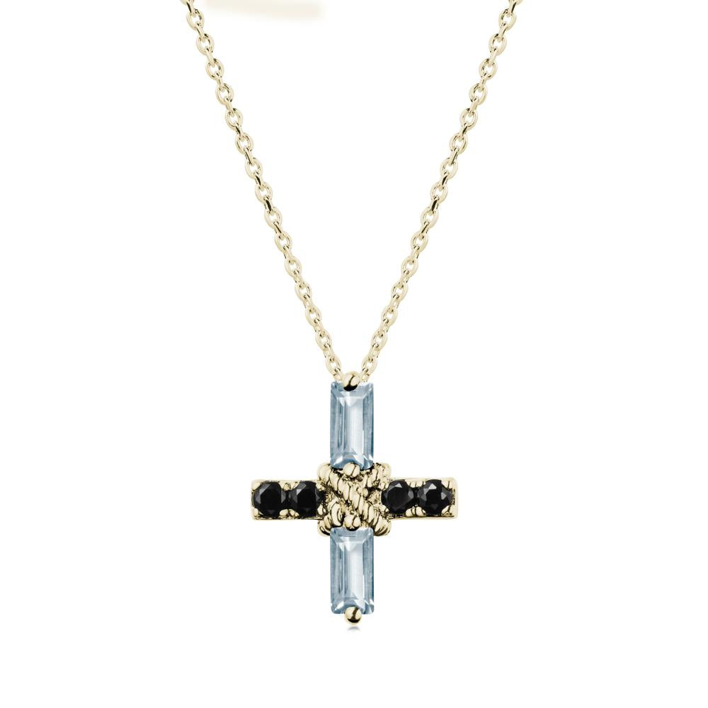 Baguette Aquamarine and Black Spinel Green Cross Necklace - LUO Jewelry #metal_14k yellow gold