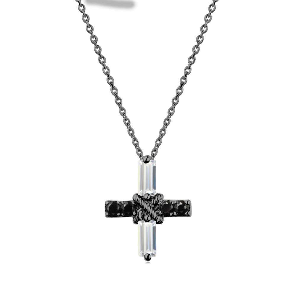 Baguette Cubic Zirconia and Black Spinel Green Cross Necklace - LUO Jewelry #metal_black finish sterling silver