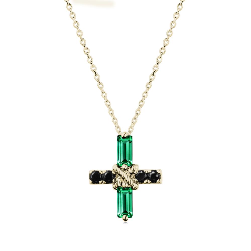 Baguette Emerald and Black Spinel Green Cross Necklace - LUO Jewelry #metal_14k yellow gold