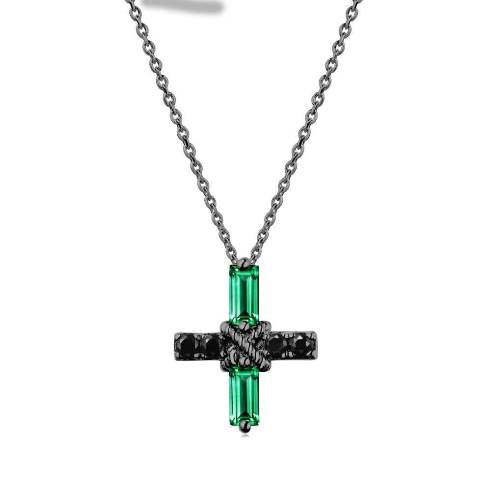Baguette Emerald and Black Spinel Green Cross Necklace - LUO Jewelry #metal_black finish sterling silver