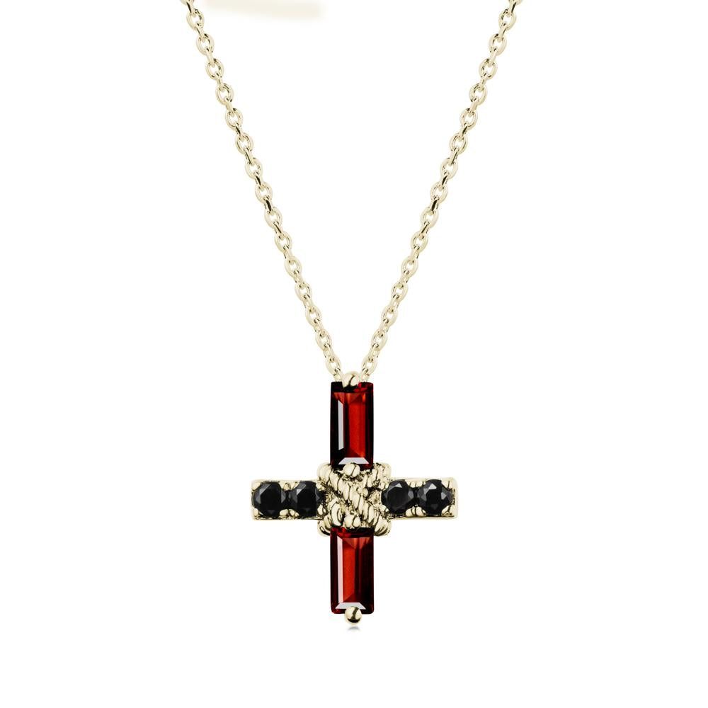 Baguette Garnet and Black Spinel Green Cross Necklace - LUO Jewelry #metal_14k yellow gold