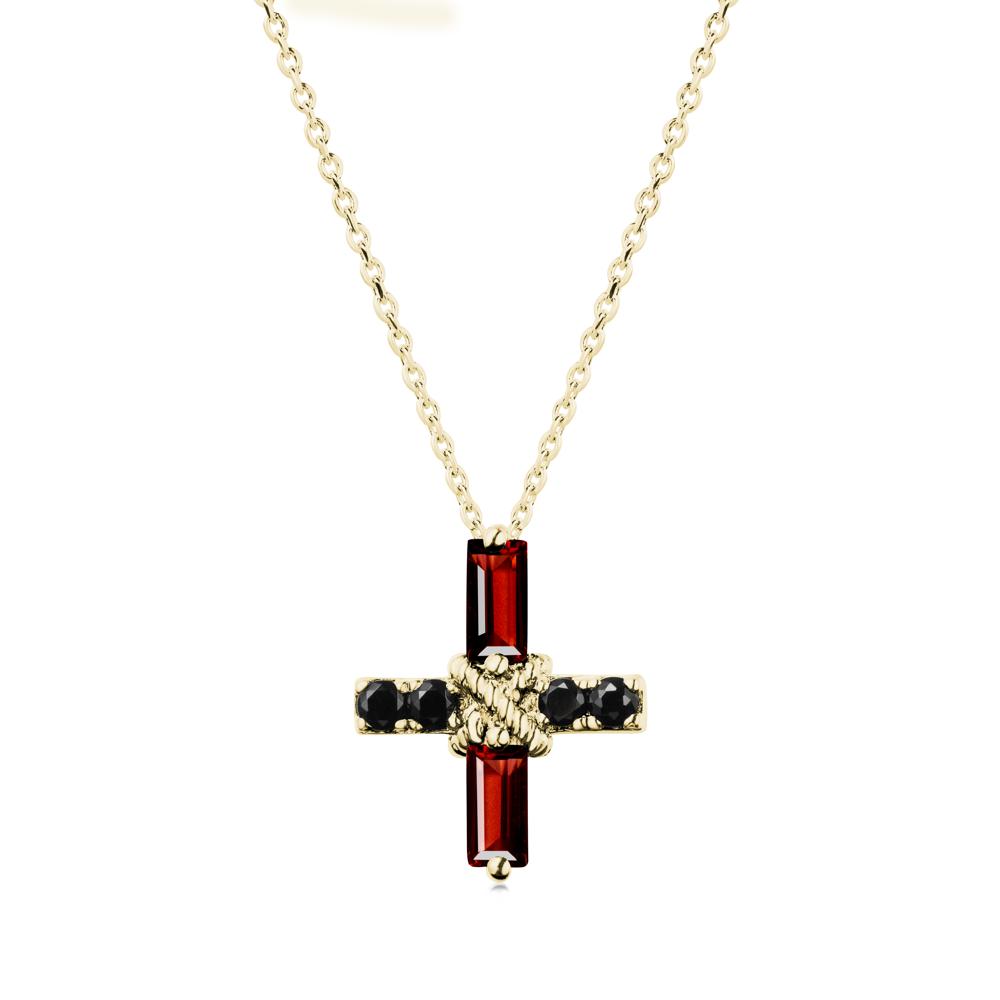 Baguette Garnet and Black Spinel Green Cross Necklace - LUO Jewelry #metal_18k yellow gold