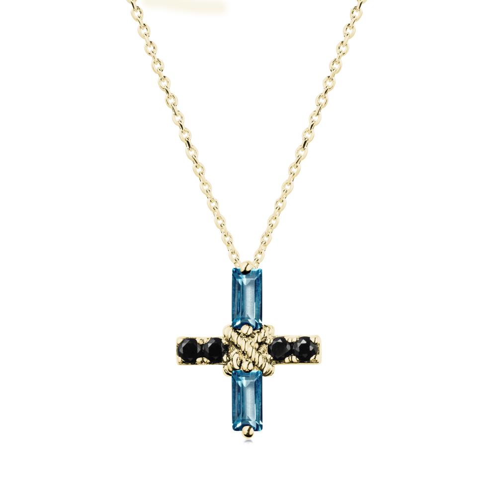 Baguette London Blue Topaz and Black Spinel Green Cross Necklace - LUO Jewelry #metal_18k yellow gold
