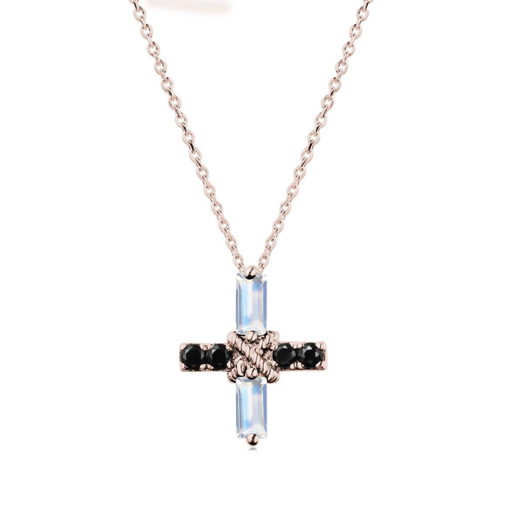 Baguette Moonstone and Black Spinel Green Cross Necklace - LUO Jewelry #metal_14k rose gold