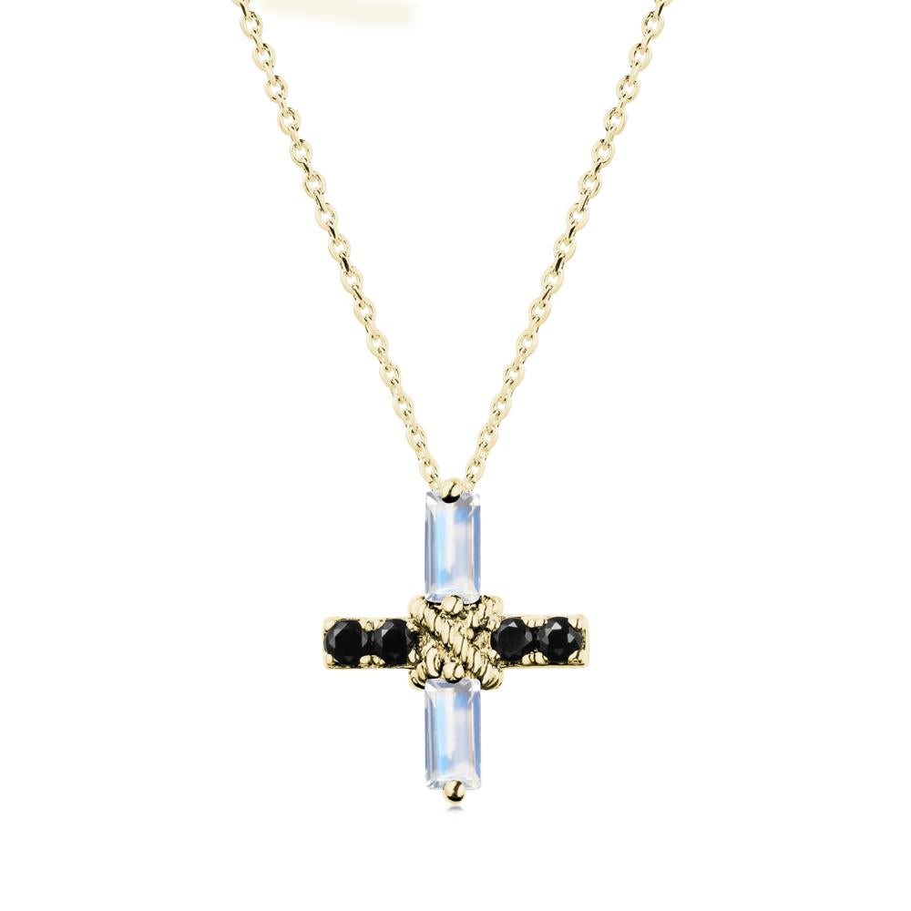 Baguette Moonstone and Black Spinel Green Cross Necklace - LUO Jewelry #metal_18k yellow gold