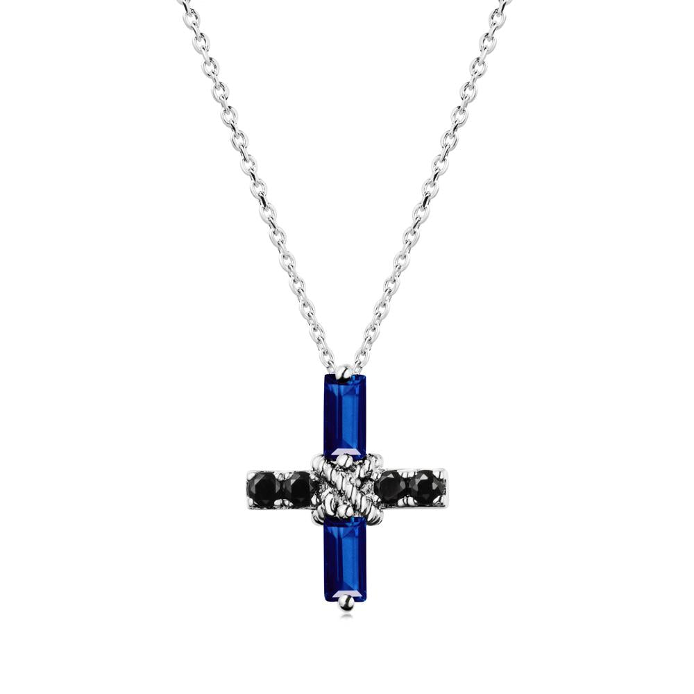 Baguette Sapphire and Black Spinel Green Cross Necklace - LUO Jewelry #metal_14k white gold