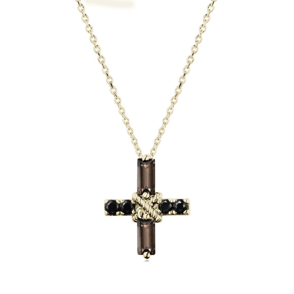 Baguette Smoky Quartz and Black Spinel Green Cross Necklace - LUO Jewelry #metal_14k yellow gold