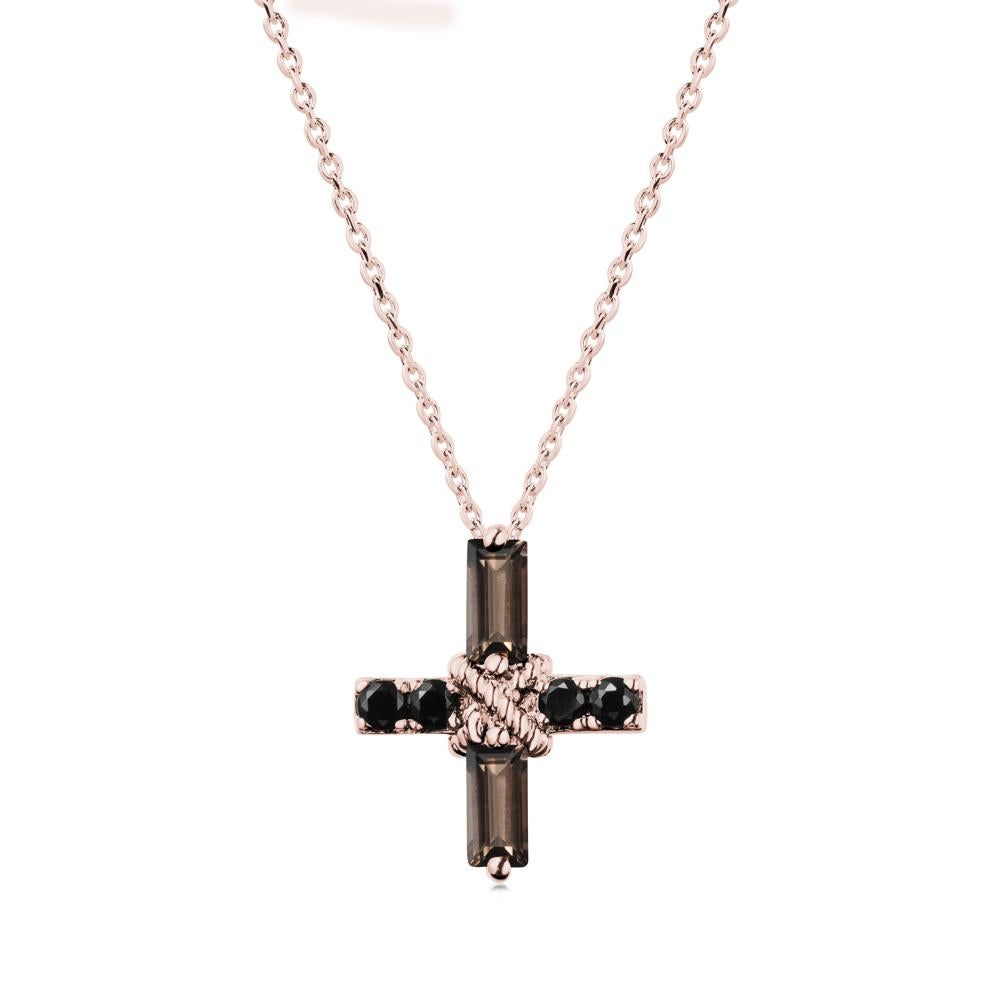 Baguette Smoky Quartz and Black Spinel Green Cross Necklace - LUO Jewelry #metal_18k rose gold