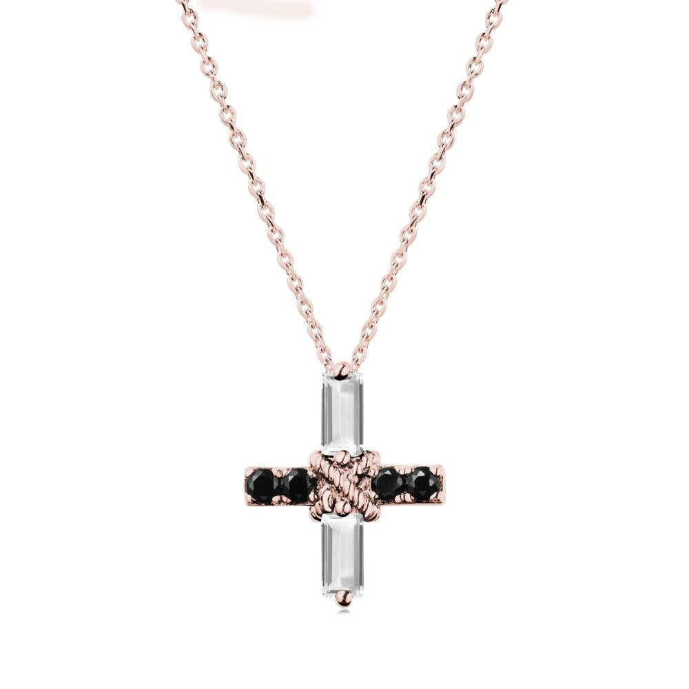 Baguette White Topaz and Black Spinel Green Cross Necklace - LUO Jewelry #metal_18k rose gold