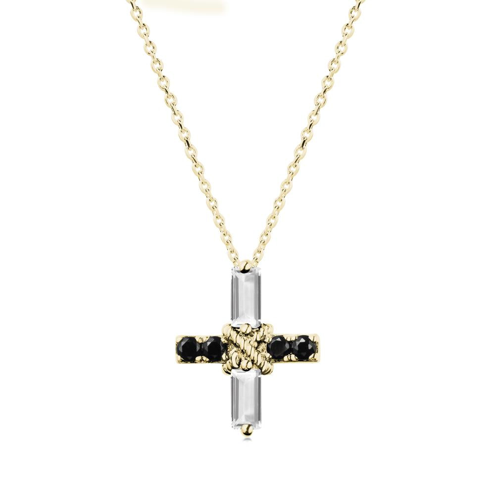 Baguette White Topaz and Black Spinel Green Cross Necklace - LUO Jewelry #metal_18k yellow gold