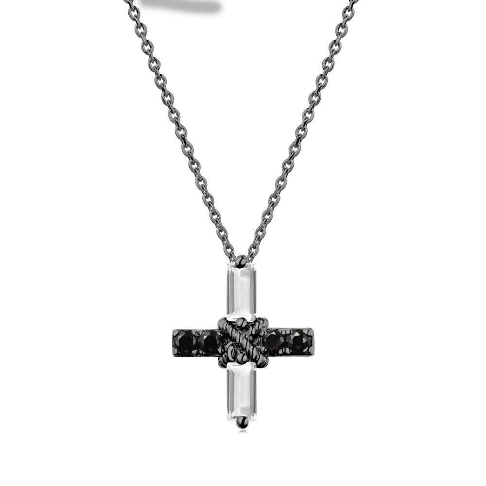 Baguette White Topaz and Black Spinel Green Cross Necklace - LUO Jewelry #metal_black finish sterling silver