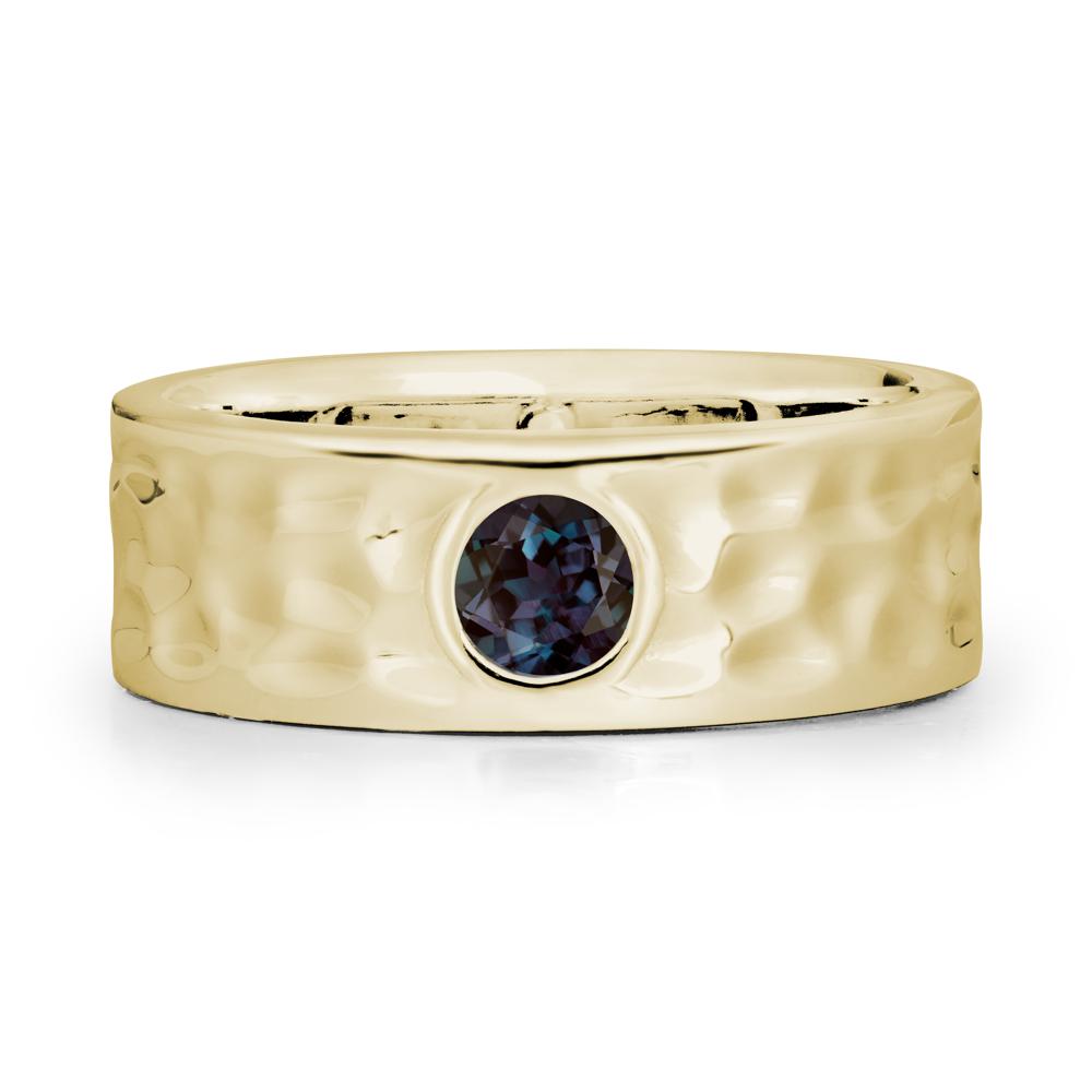 Hammered Wide Band Bezel Alexandrite Ring - LUO Jewelry #metal_14k yellow gold