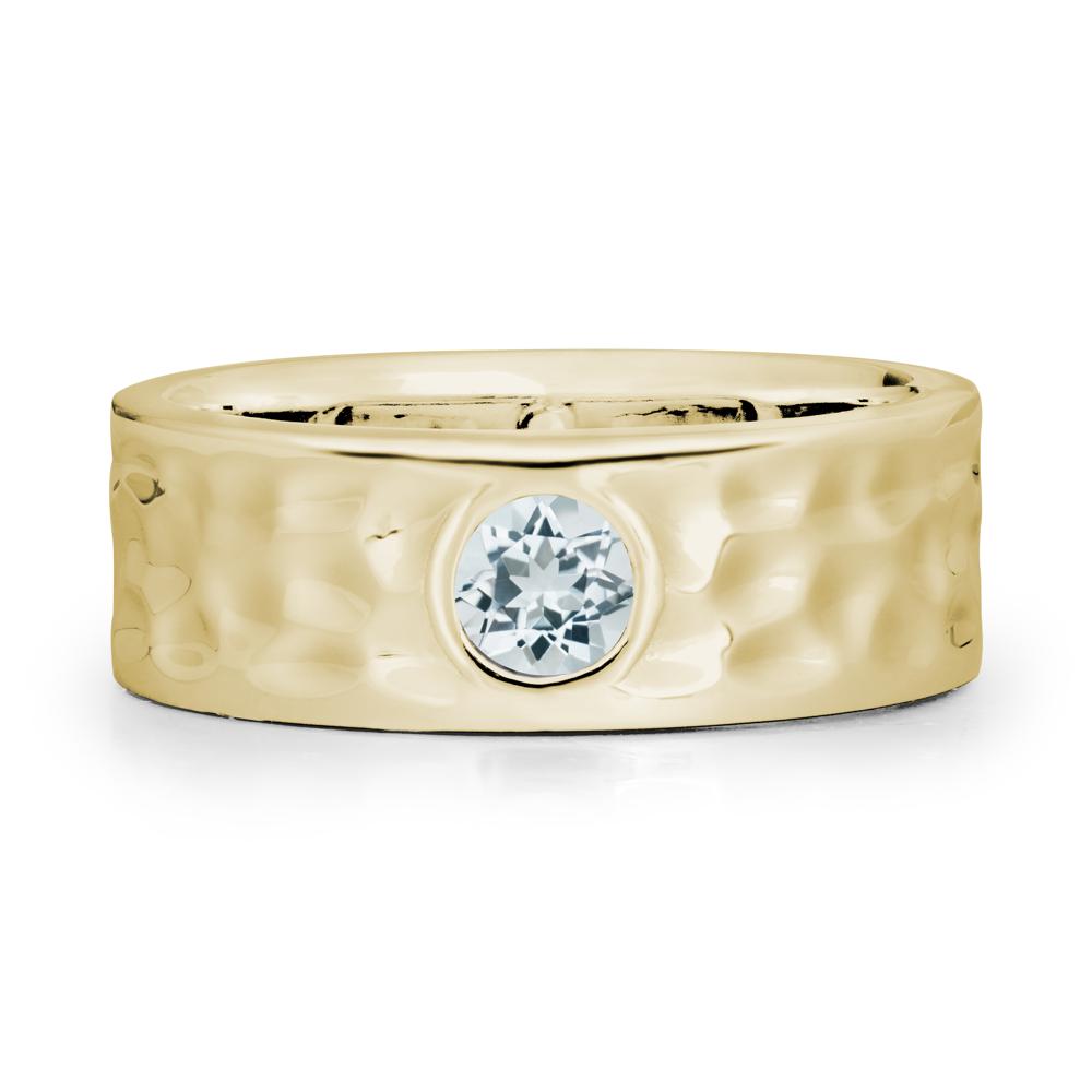 Round Aquamarine Ring In Hammered Wide Band - LUO Jewelry #metal_14k yellow gold