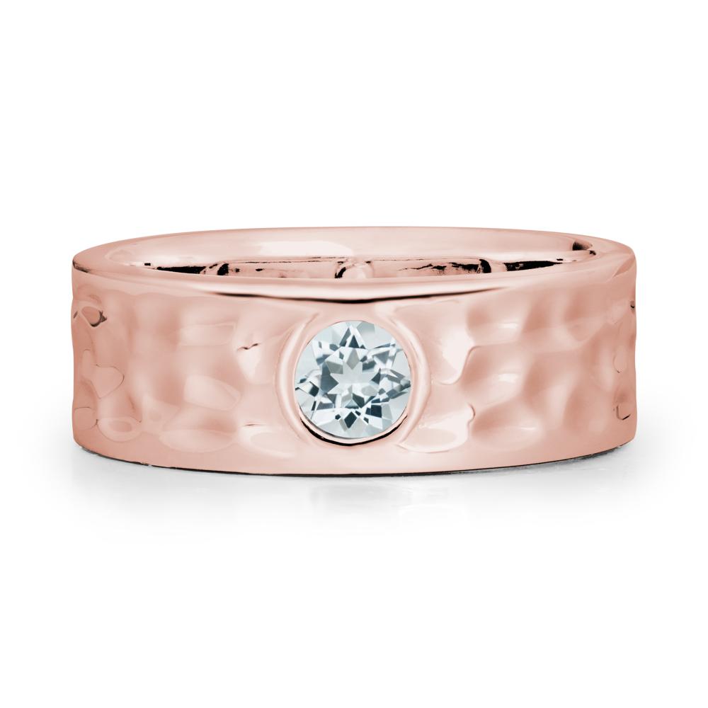 Round Aquamarine Ring In Hammered Wide Band - LUO Jewelry #metal_18k rose gold
