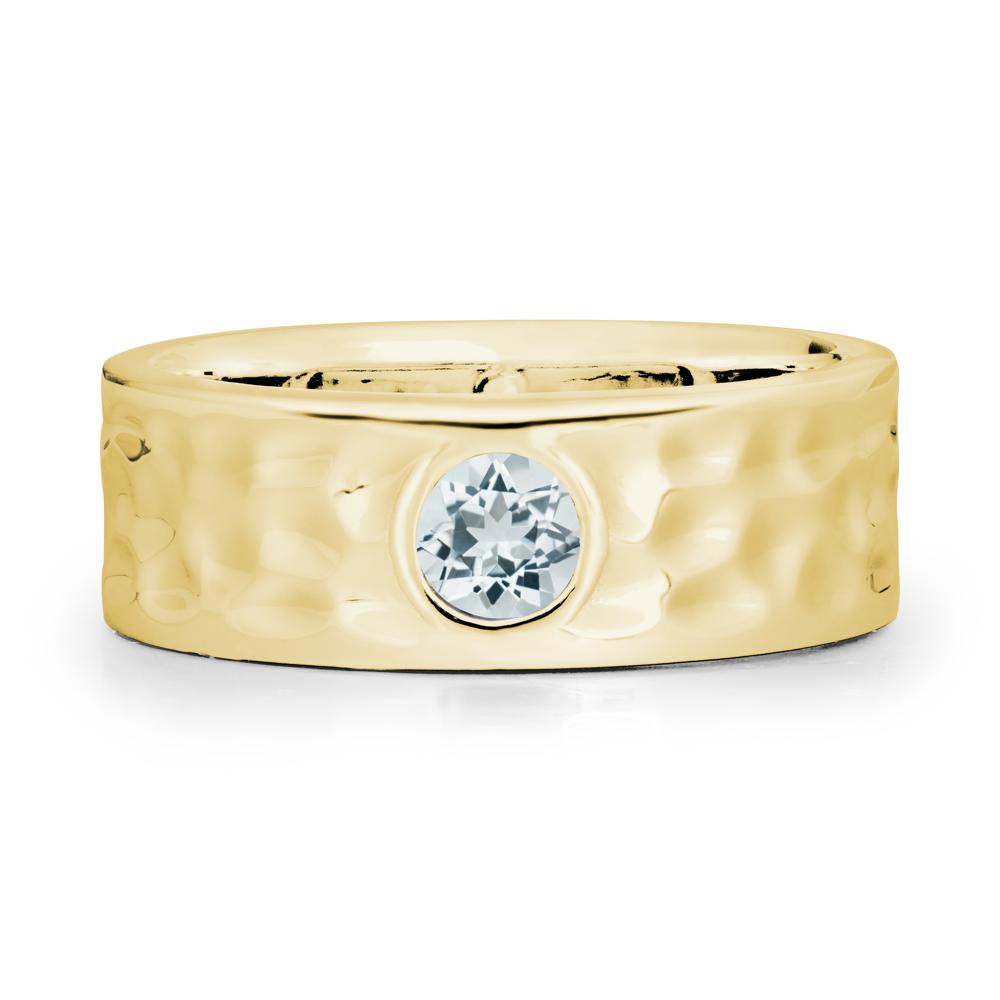 Round Aquamarine Ring In Hammered Wide Band - LUO Jewelry #metal_18k yellow gold